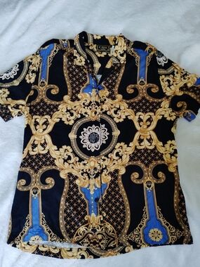 Casa Moda Couture Button Up Shirt Mens M Black Gold Short Sleeve Barcelona Greek